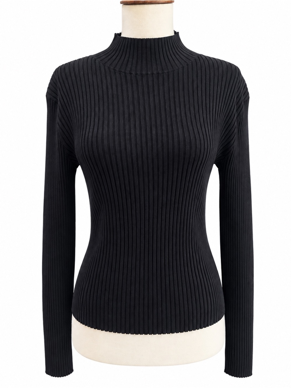 Chais Silk Blend Women’s Black Ribbed Mock Neck Long Sleeve Top M